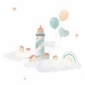 Beautiful vector baby clip art composition with cute watercolor lighthouse and air balloons. Children stock illustration Royalty Free Stock Photo