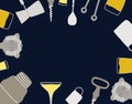 Beautiful vector background with bartending equipment shaker, mixing, serving, spoon, pouring cocktails, corkscrew