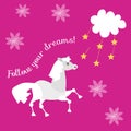 Beautiful vector card Follow your dreams with cute funny horse, stars and cloud on lilac background Royalty Free Stock Photo