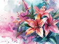 Beautiful vector card with lily flowers on watercolor background. Generative AI Royalty Free Stock Photo