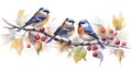 Beautiful vector card with watercolor bullfinches on a branch Generative AI