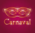 Beautiful Carnival illustration with venetian mask. Red and gold theme. French or spanish text. Royalty Free Stock Photo