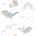 Beautiful vector children seamless pattern contain cute watercolor flying whales with air balloons lighthouses clouds