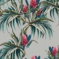 Beautiful vector floral seamless pattern background with agave and protea flowers Royalty Free Stock Photo