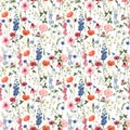 Beautiful vector floral summer seamless pattern with watercolor hand drawn field wild flowers. Stock illustration.