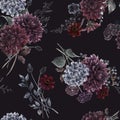 Beautiful vector seamless pattern with watercolor dark blue, red and black dahlia hydrangea flowers. Stock illustration.