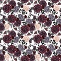 Beautiful vector seamless pattern with watercolor dark blue, red and black dahlia hydrangea flowers. Stock illustration. Royalty Free Stock Photo