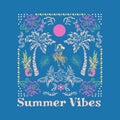 Beautiful vector of Hawaii summer island relax vibes ,palm, tree, ocean,wave,hibiscus flowern,beach design for Tshirt,fashion,