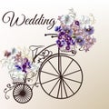 Beautiful vector illustration in antique style with retro bicycle and flowers for wedding design Royalty Free Stock Photo