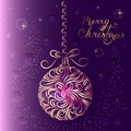 Christmas-tree decoration ball in purple colors. Ornament. New Year card. Congratulation. Celebration. Winter. Snowflakes. Stars. Royalty Free Stock Photo