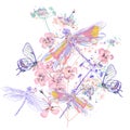Beautiful vector illustration with flowers and dragonflies, spring time, vintage style