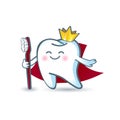 Icon cartoon healthy tooth in the crown, holding a toothbrush