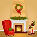 Fireplace with fire, wreath and armchair Christmas