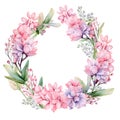 Beautiful vector image with nice watercolor pink and purple flowers wreath Royalty Free Stock Photo