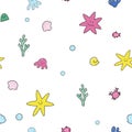 Beautiful vector kid seamless pattern with cute hand drawn little colorful underwater sealife animals and plants. Stock Royalty Free Stock Photo