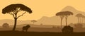 Beautiful vector landscape of African savannah with animals during sunset Royalty Free Stock Photo