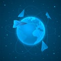 Beautiful vector of paper planes flying around Planet Earth with blue space in the background depicting technology and globality Royalty Free Stock Photo