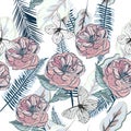 Beautiful vector pattern with palm leafs rose flowers