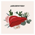 Beautiful vector postcard to World Hepatitis Day. The concept of a healthy and blooming liver. Nice vector flat illustration. Royalty Free Stock Photo