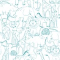 Beautiful vector seamless baby pattern with cute hand drawn safari elephant lion giraffe toucan zebra monkey flamingo Royalty Free Stock Photo