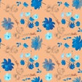 Beautiful vector seamless floral pattern with blue cosmos flowers and lettering on light orange background Royalty Free Stock Photo