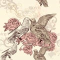 Beautiful vector seamless floral pattern with roses and birds Royalty Free Stock Photo