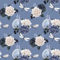 Beautiful vector seamless floral pattern with watercolor blue flowers, white roses and dragonflies . Stock illustration. Royalty Free Stock Photo