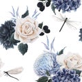 Beautiful vector seamless floral pattern with watercolor blue flowers, white roses and dragonflies . Stock illustration. Royalty Free Stock Photo