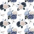 Beautiful vector seamless floral pattern with watercolor blue flowers, white roses and dragonflies . Stock illustration. Royalty Free Stock Photo