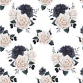 Beautiful vector seamless floral pattern with watercolor blue flowers and white roses. Stock illustration. Royalty Free Stock Photo
