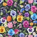 Beautiful vector seamless floral pattern with watercolor gentle colorful summer pansy flowers. Stock illustration. Royalty Free Stock Photo