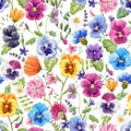 Beautiful vector seamless floral pattern with watercolor gentle colorful summer pansy flowers. Stock illustration. Royalty Free Stock Photo