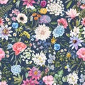 Beautiful vector seamless floral pattern with watercolor hand drawn gentle summer flowers. Stock illustration. Natural Royalty Free Stock Photo