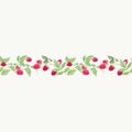 Beautiful vector seamless horizontal pattern with watercolor raspberry and leaves. Stock illustration.