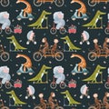 Beautiful vector seamless pattern for children with watercolor hand drawn cute animals on transport. Stock illustration. Royalty Free Stock Photo