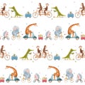 Beautiful vector seamless pattern for children with watercolor hand drawn cute animals on transport. Stock illustration. Royalty Free Stock Photo
