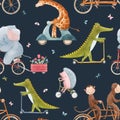 Beautiful vector seamless pattern for children with watercolor hand drawn cute animals on transport. Stock illustration. Royalty Free Stock Photo