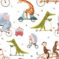 Beautiful vector seamless pattern for children with watercolor hand drawn cute animals on transport. Stock illustration. Royalty Free Stock Photo