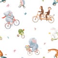 Beautiful vector seamless pattern for children with watercolor hand drawn cute animals on transport. Stock illustration. Royalty Free Stock Photo