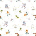 Beautiful vector seamless pattern for children with watercolor hand drawn cute animals on transport. Stock illustration. Royalty Free Stock Photo