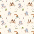 Beautiful vector seamless pattern for children with watercolor hand drawn cute animals on transport. Stock illustration. Royalty Free Stock Photo