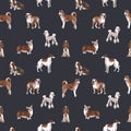 Beautiful Vector Seamless Pattern With Cute Watercolor Hand Drawn Dog Breeds Cocker Spaniel Greyhound Basset Hound