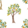 Beautiful vector seamless pattern with cute watercolor fruit trees. Stock orchard illustration. Royalty Free Stock Photo