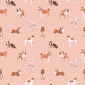 Beautiful Vector Seamless Pattern With Cute Watercolor Hand Drawn Dog Breeds Cocker Spaniel Greyhound Basset Hound