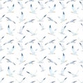 Beautiful vector seamless pattern with cute watercolor seagulls. Stock illustration.