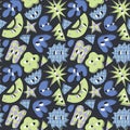 Beautiful vector seamless pattern with hand drawn abstract cute shapes with eyes. Ready to use print design. Children surface
