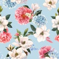 Beautiful vector seamless pattern with hand drawn watercolor gentle white magnolia and hydrangea flowers. Stock Royalty Free Stock Photo