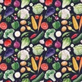 Beautiful vector seamless pattern with hand drawn watercolor healthy vegetable food. Eggplant cabbage corn broccoli