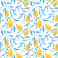 Beautiful vector seamless pattern with hand drawn watercolor lemons and blue leaves. Stock illustration.