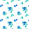 Beautiful vector seamless pattern with natural fresh blueberries. Bright blue, violet and green hand drawn watercolor